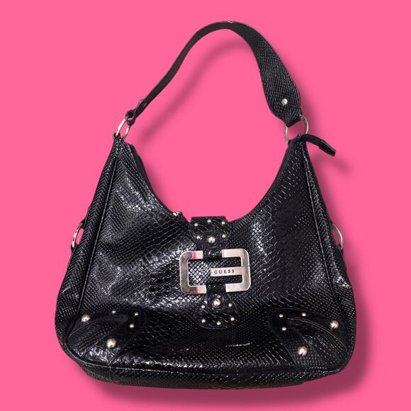 Y2K Guess Black Snake Skin Saddle Bag Shoulder Purse Studded Bikercore Grunge - Picture 1 of 10
